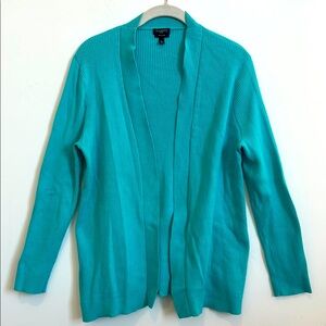 Talbots Turquoise Ribbed Knit Open Cardigan Sweater, 100% Cotton, Large Petite